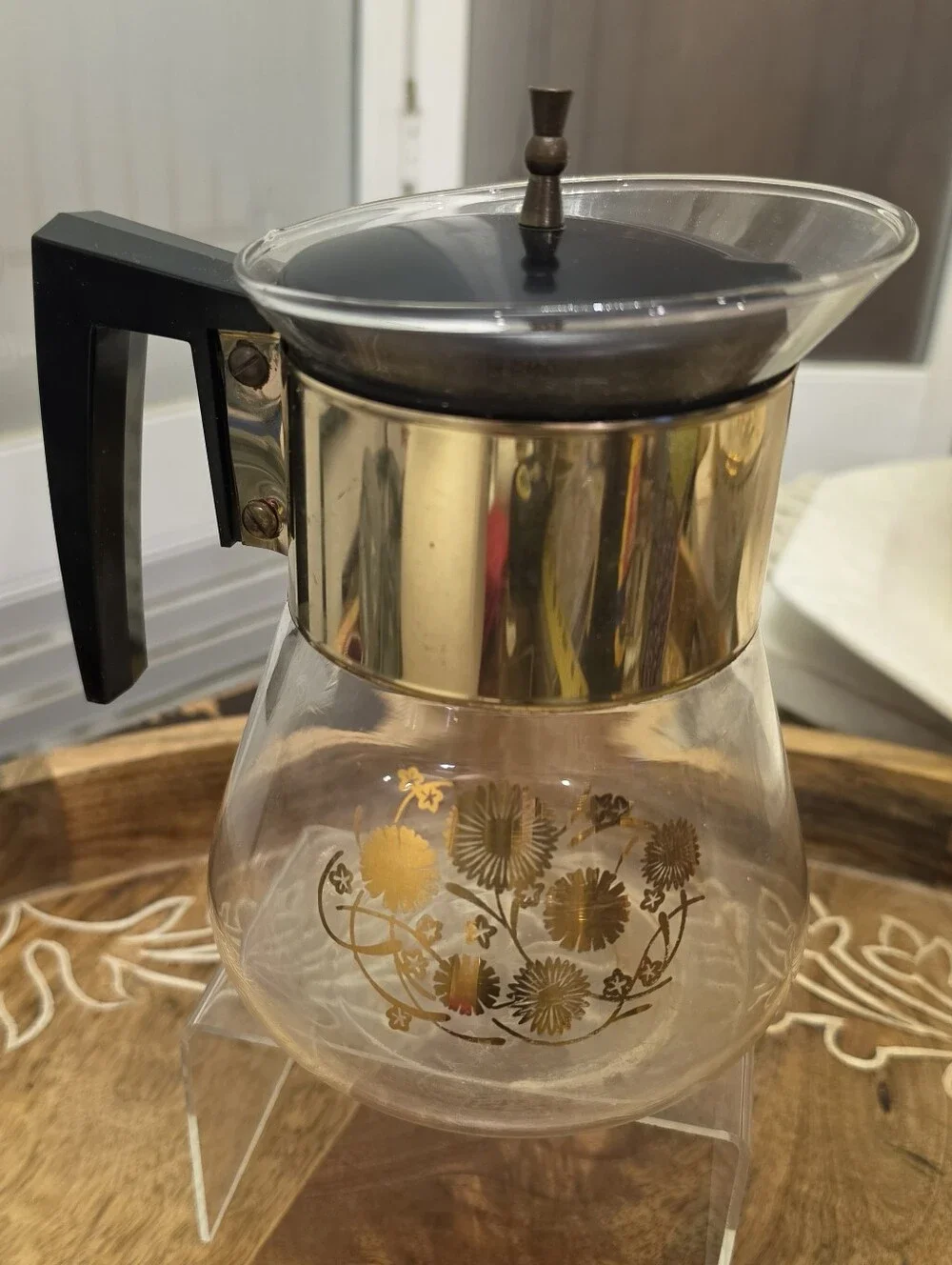 Vintage MCM Glass Coffee Carafe Gold Flower Starburst Flameproof Pitcher Lid 8